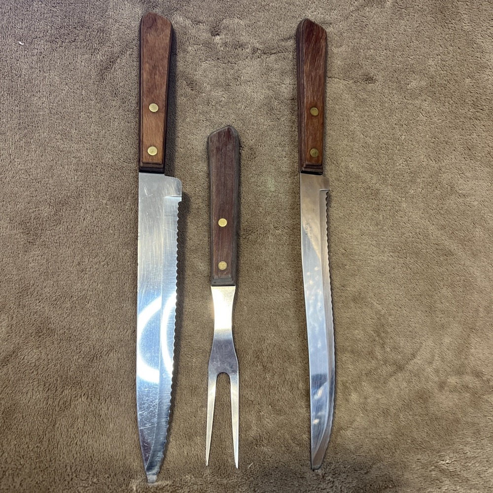 2 Vintage Towne & Country Stainless Serrated Kitchen Knives and Fork Made in USA